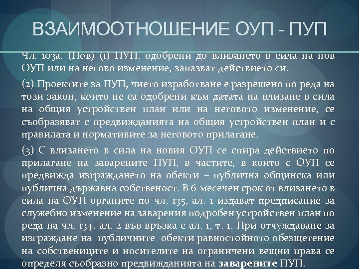 ВЗАИМООТНОШЕНИЕ ОУП - ПУП Чл. 103 а. (Нов) (1) ПУП, одобрени до влизането в