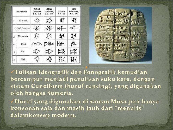 ü Tulisan Ideografik dan Fonografik kemudian bercampur menjadi penulisan suku kata, dengan sistem Cuneiform