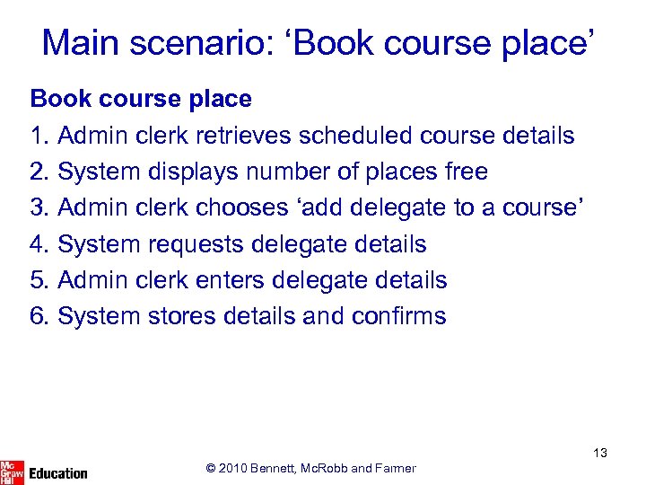 Main scenario: ‘Book course place’ Book course place 1. Admin clerk retrieves scheduled course