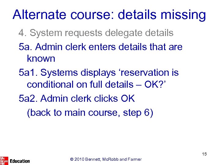 Alternate course: details missing 4. System requests delegate details 5 a. Admin clerk enters