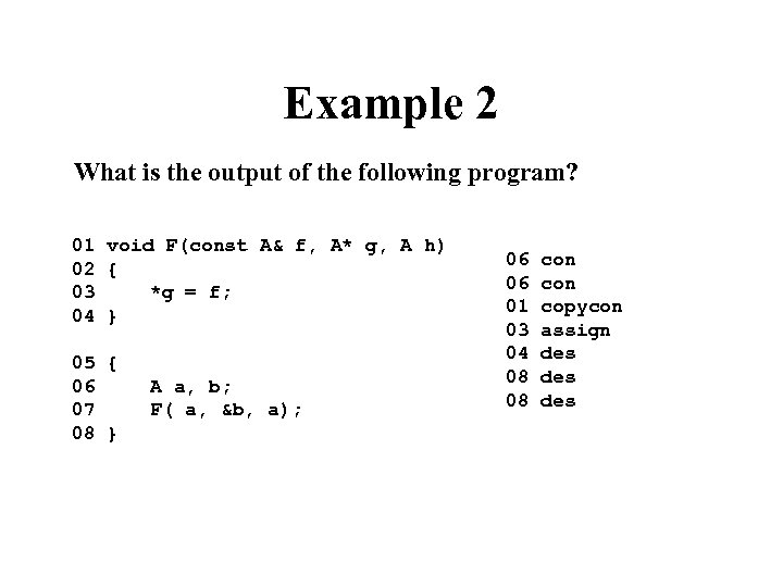 Example 2 What is the output of the following program? 01 void F(const A&