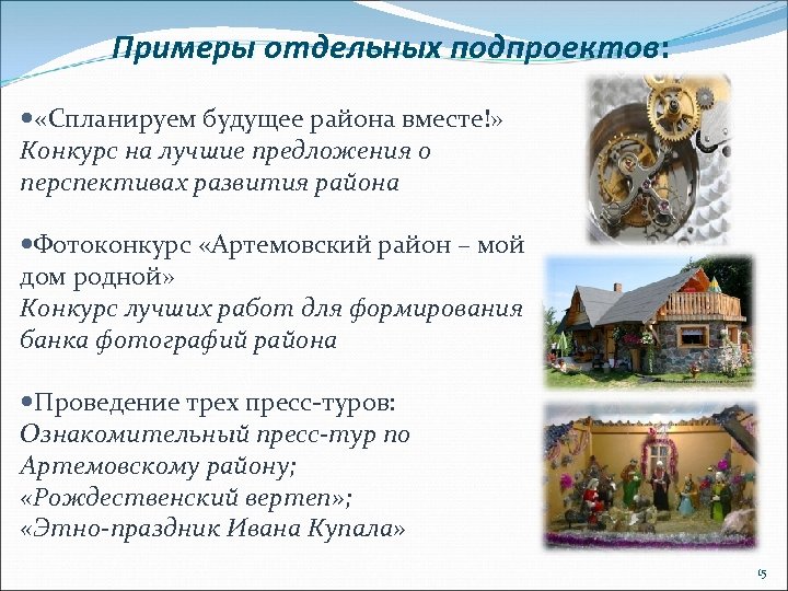 Примеры отдельных подпроектов: Примеры отдельных подпроектов «Спланируем будущее района вместе!» Конкурс на лучшие предложения