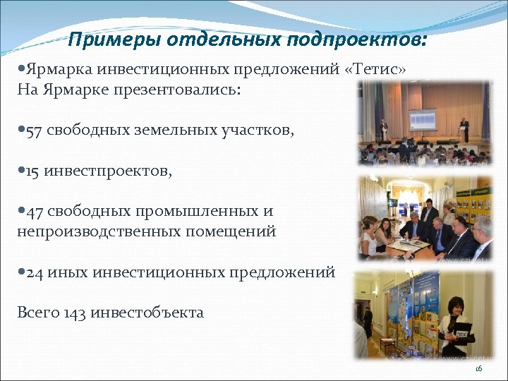 Примеры отдельных подпроектов: Ярмарка инвестиционных предложений «Тетис» На Ярмарке презентовались: 57 свободных земельных участков,