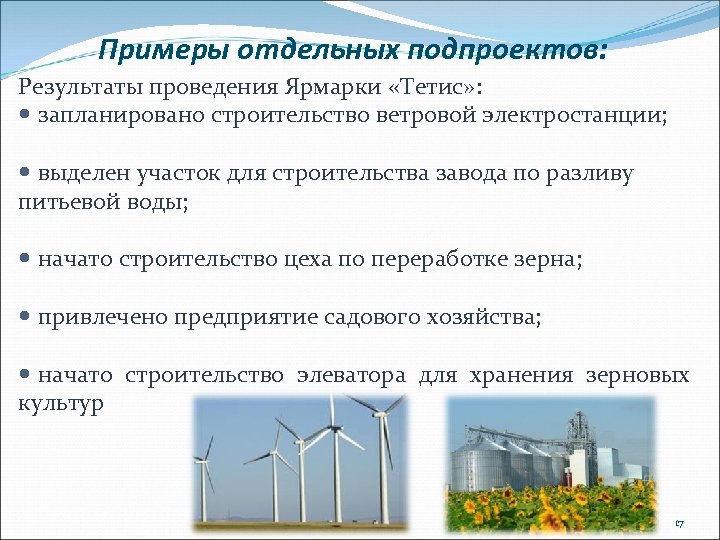 Примеры отдельных подпроектов: Результаты проведения Ярмарки «Тетис» : запланировано строительство ветровой электростанции; выделен участок