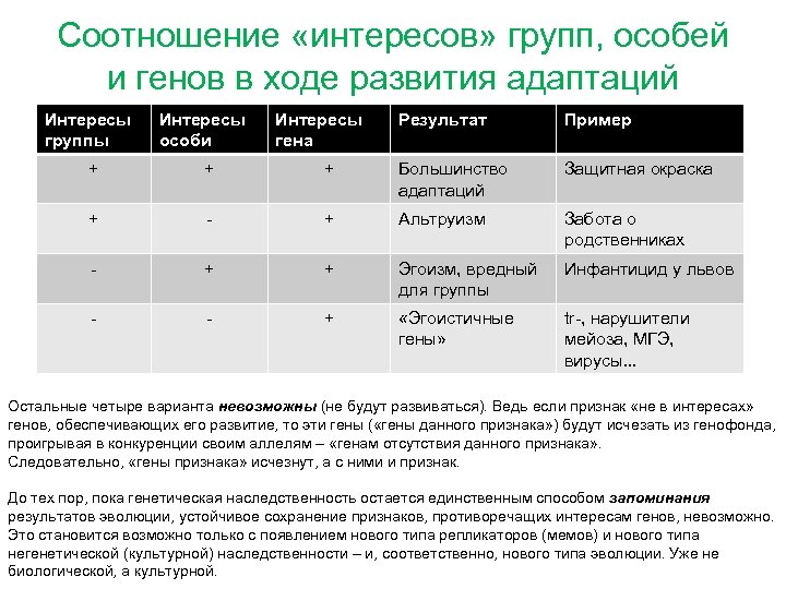 Соотношение «интересов» групп, особей и генов в ходе развития адаптаций Интересы группы Интересы особи