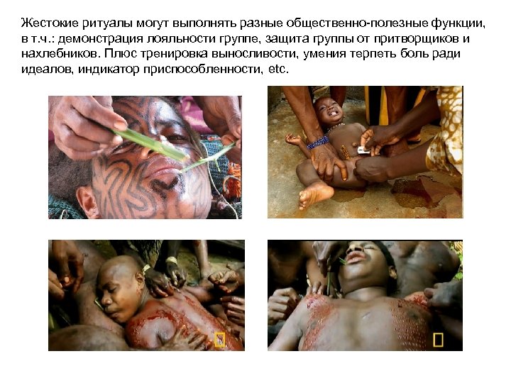Жестокие ритуалы могут выполнять разные общественно-полезные функции, в т. ч. : демонстрация лояльности группе,