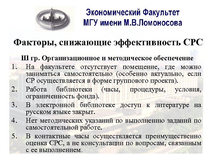 Факторы, снижающие эффективность СРС 1. 2. 3. 4. 5. Ш гр. Организационное и методическое