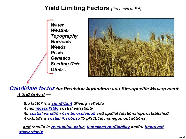 Yield Limiting Factors (the basis of PA) üWater üWeather üTopography üNutrients üWeeds üPests üGenetics