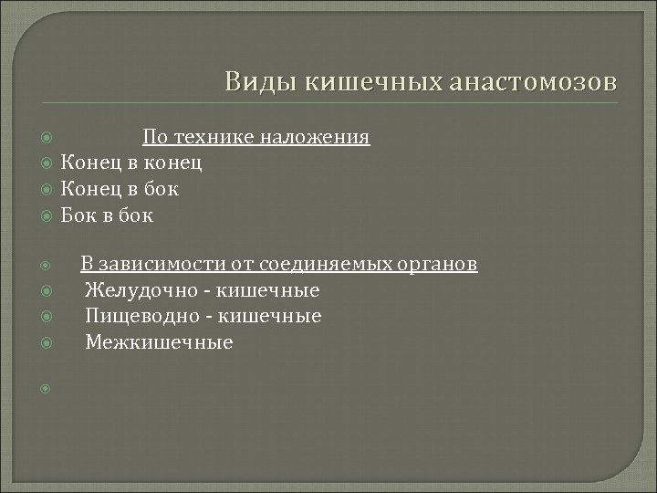 Виды кишечных анастомозов По технике наложения Конец в конец Конец в бок Бок в