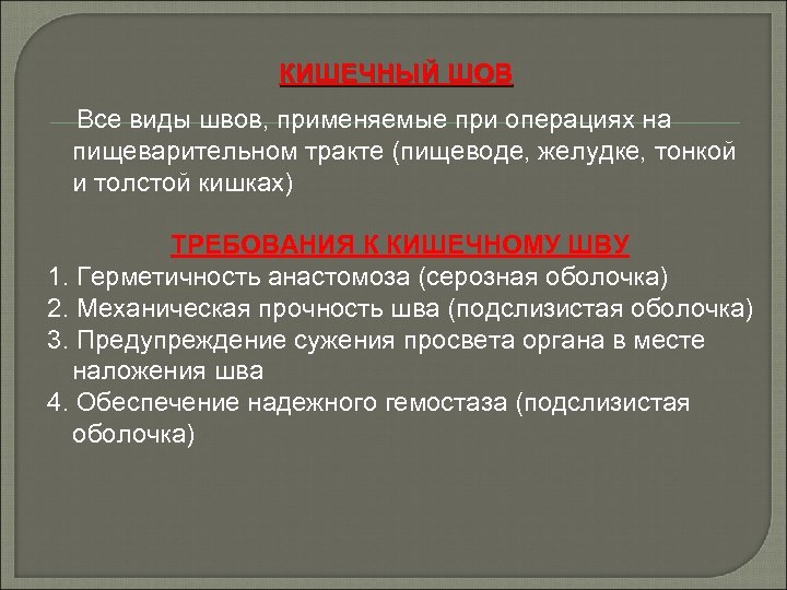 КИШЕЧНЫЙ ШОВ Все виды швов, применяемые при операциях на пищеварительном тракте (пищеводе, желудке, тонкой
