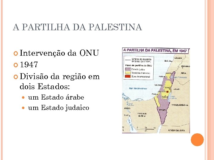 A PARTILHA DA PALESTINA Intervenção da ONU 1947 Divisão da região em dois Estados: