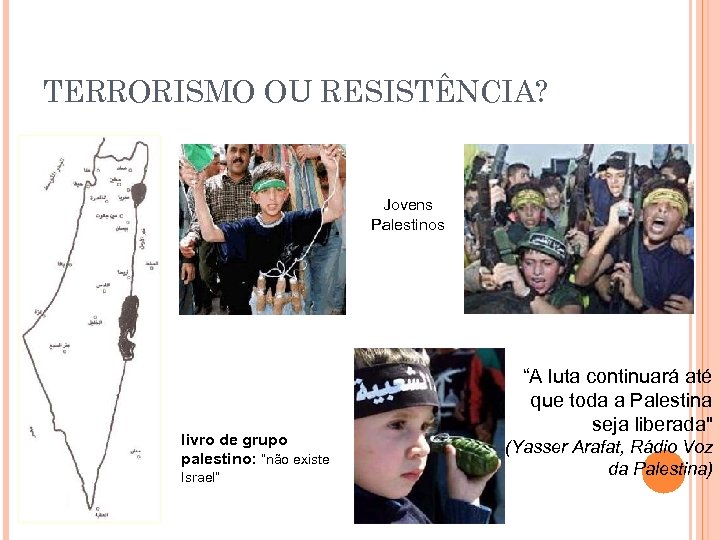 TERRORISMO OU RESISTÊNCIA? Jovens Palestinos livro de grupo palestino: “não existe Israel” “A luta