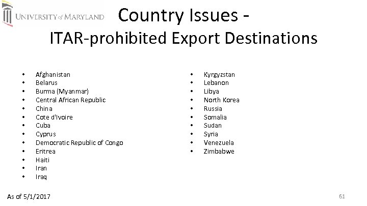Country Issues ‐ ITAR‐prohibited Export Destinations • • • • Afghanistan Belarus Burma (Myanmar)