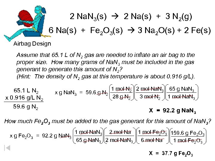 2 Na. N 3(s) 2 Na(s) + 3 N 2(g) 6 Na(s) + Fe