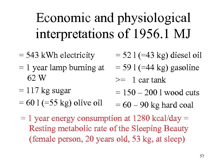 Economic and physiological interpretations of 1956. 1 MJ = 543 k. Wh electricity =