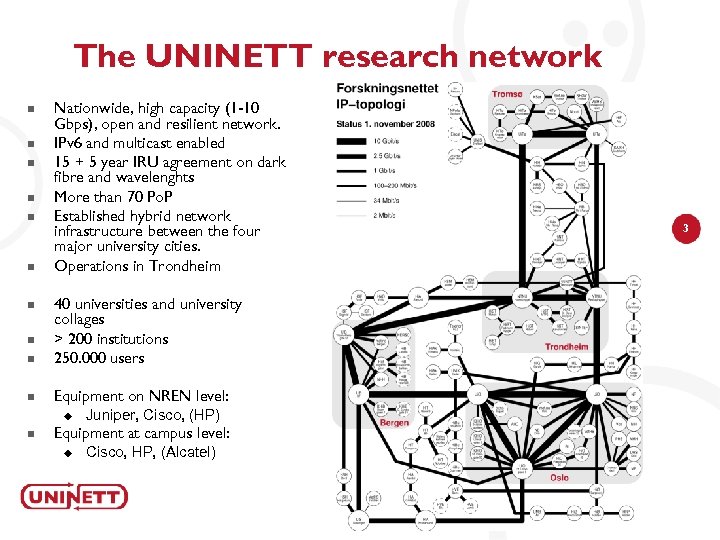 The UNINETT research network n n n Nationwide, high capacity (1 -10 Gbps), open