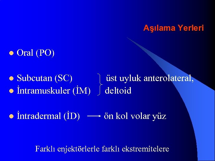 Aşılama Yerleri l Oral (PO) Subcutan (SC) l İntramuskuler (İM) l l İntradermal (İD)