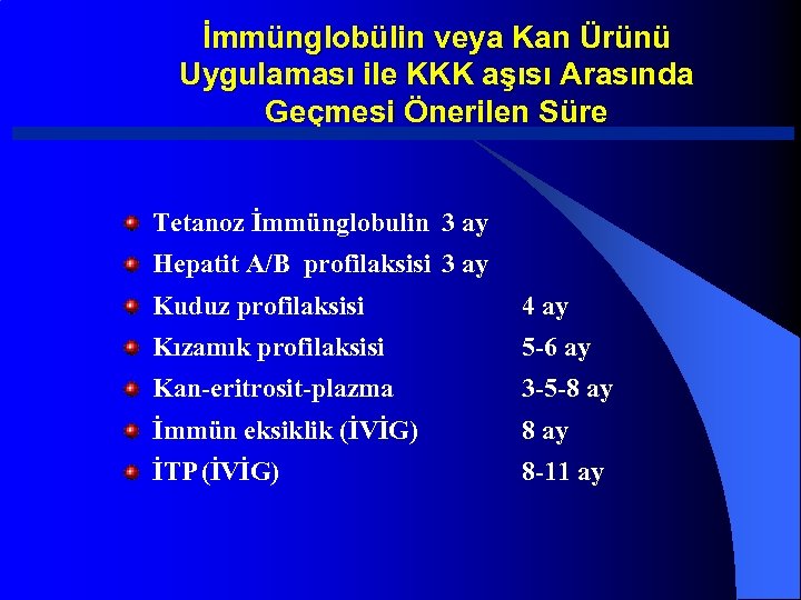 İmmünglobülin veya Kan Ürünü Uygulaması ile KKK aşısı Arasında Geçmesi Önerilen Süre Tetanoz İmmünglobulin