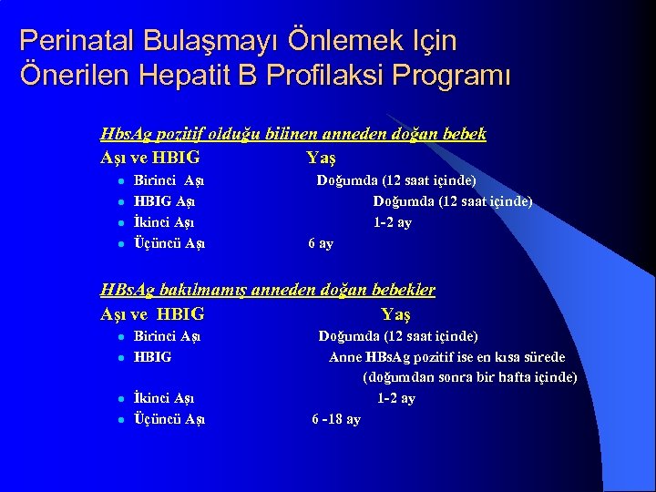 Perinatal Bulaşmayı Önlemek Için Önerilen Hepatit B Profilaksi Programı Hbs. Ag pozitif olduğu bilinen