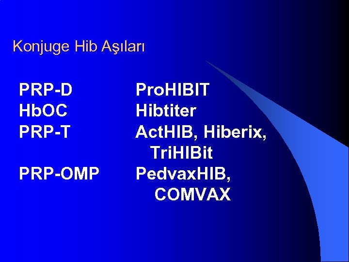 Konjuge Hib Aşıları PRP-D Hb. OC PRP-T PRP-OMP Pro. HIBIT Hibtiter Act. HIB, Hiberix,