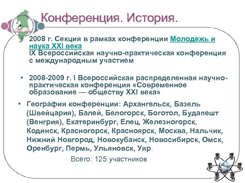 Конференция. История. • 2008 г. Секция в рамках конференции Молодежь и наука XXI века