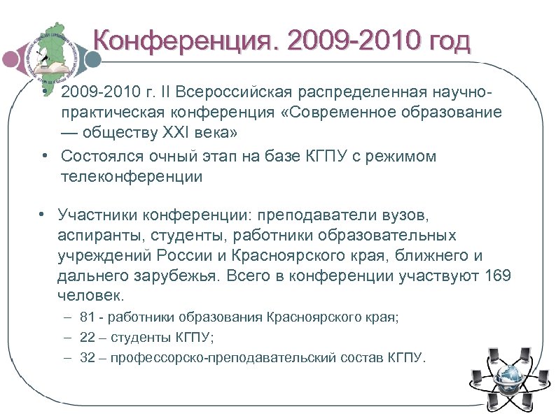 Конференция. 2009 -2010 год • 2009 -2010 г. II Всероссийская распределенная научнопрактическая конференция «Современное