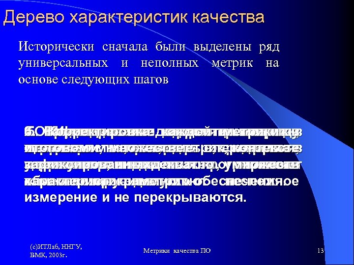 Дерево характеристик качества Исторически сначала были выделены ряд универсальных и неполных метрик на основе