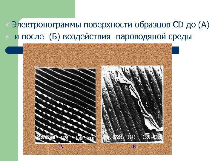 Электронограммы поверхности образцов CD до (А) и после (Б) воздействия пароводяной среды 