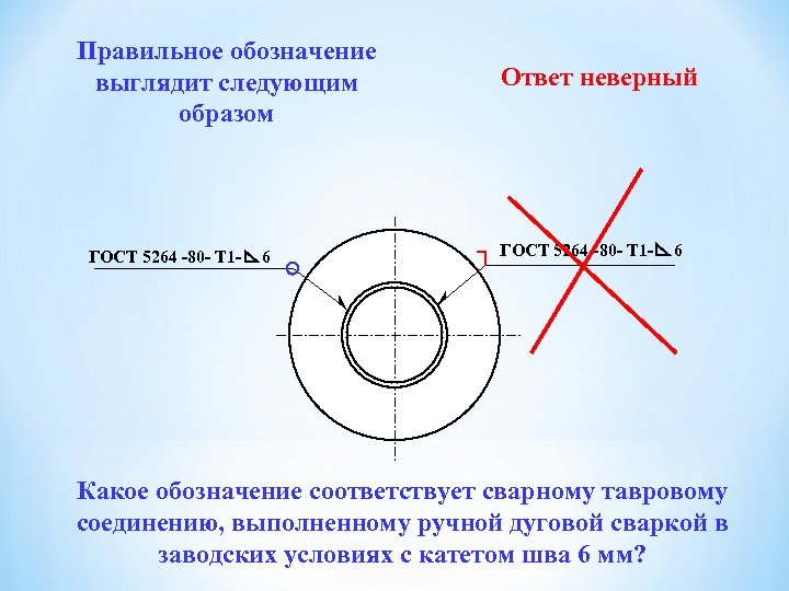 Правильное обозначение выглядит следующим образом ГОСТ 5264 -80 - Т 1 - 6 Ответ