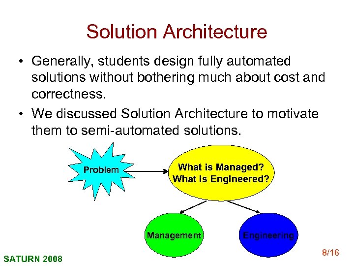 Solution Architecture • Generally, students design fully automated solutions without bothering much about cost