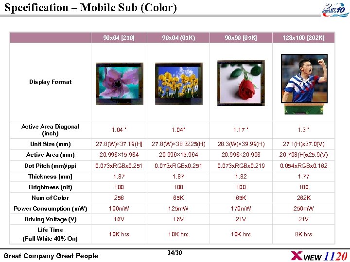 Specification – Mobile Sub (Color) 96 x 64 [256] 96 x 64 (65 K)