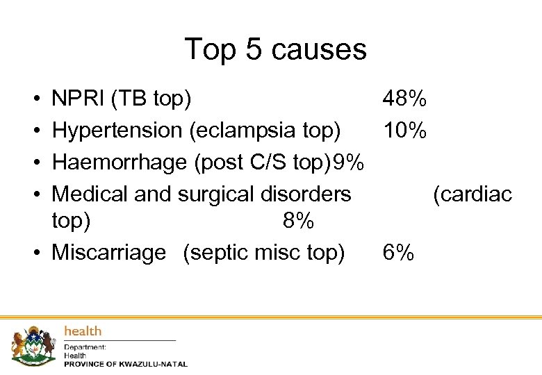Top 5 causes • • NPRI (TB top) 48% Hypertension (eclampsia top) 10% Haemorrhage