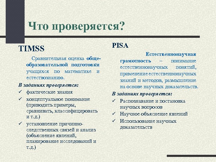 Что проверяется? TIMSS Сравнительная оценка общеобразовательной подготовки учащихся по математике и естествознанию. В заданиях
