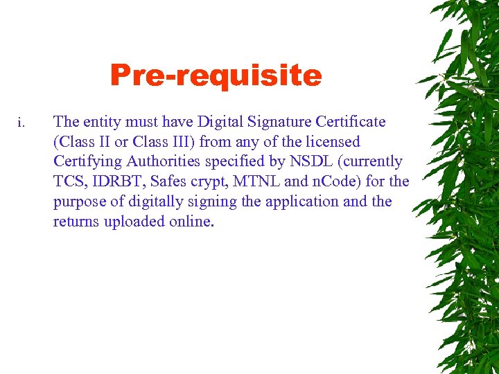 Pre-requisite i. The entity must have Digital Signature Certificate (Class II or Class III)