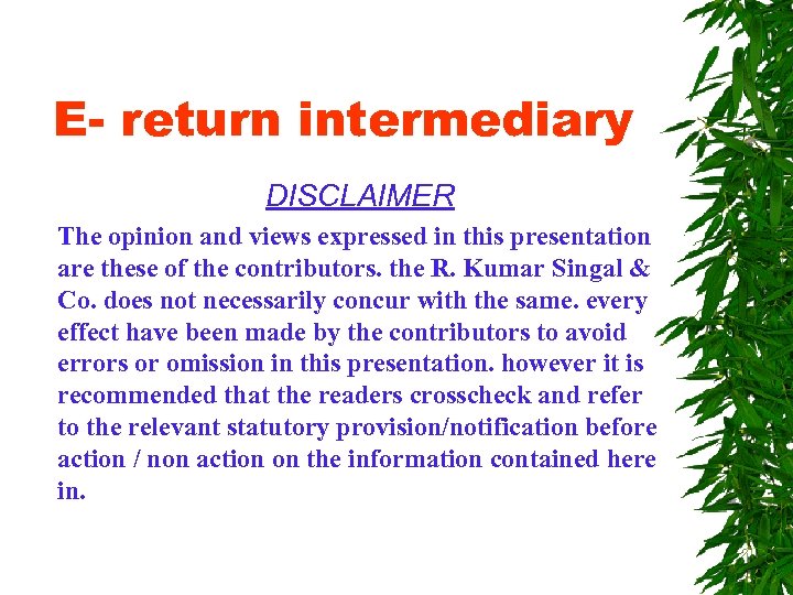 E- return intermediary DISCLAIMER The opinion and views expressed in this presentation are these