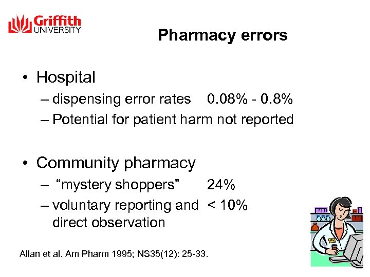 Pharmacy errors • Hospital – dispensing error rates 0. 08% - 0. 8% –