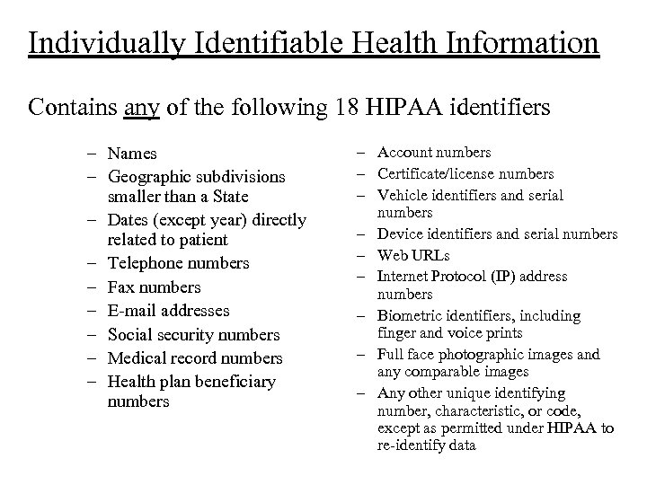 Individually Identifiable Health Information Contains any of the following 18 HIPAA identifiers – Names
