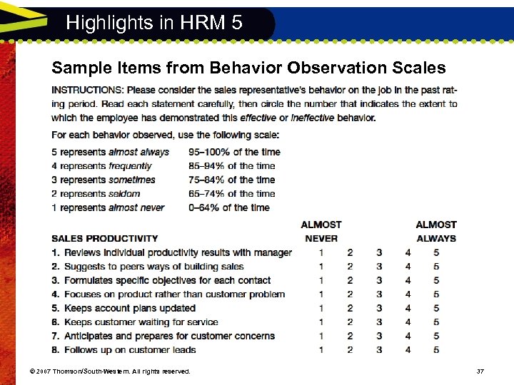 Highlights in HRM 5 Sample Items from Behavior Observation Scales © 2007 Thomson/South-Western. All