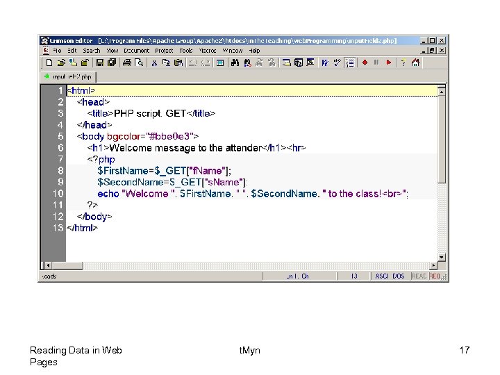 Reading Data in Web Pages t. Myn 17 