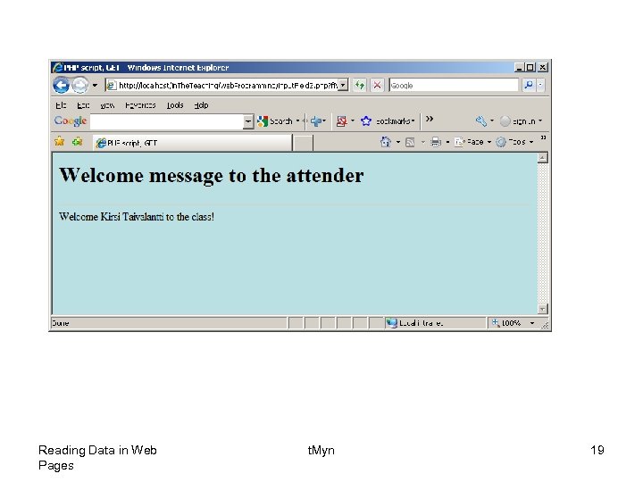 Reading Data in Web Pages t. Myn 19 