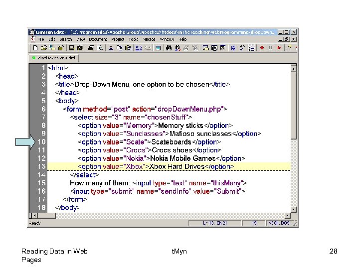 Reading Data in Web Pages t. Myn 28 
