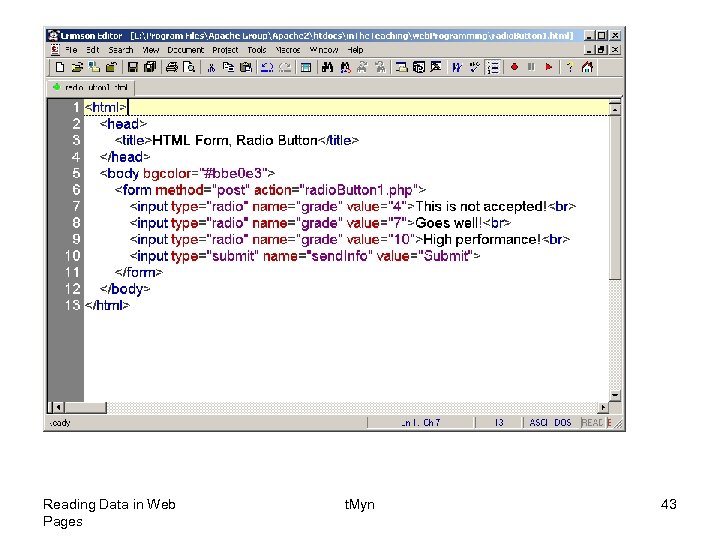 Reading Data in Web Pages t. Myn 43 