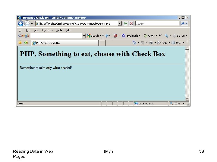 Reading Data in Web Pages t. Myn 58 