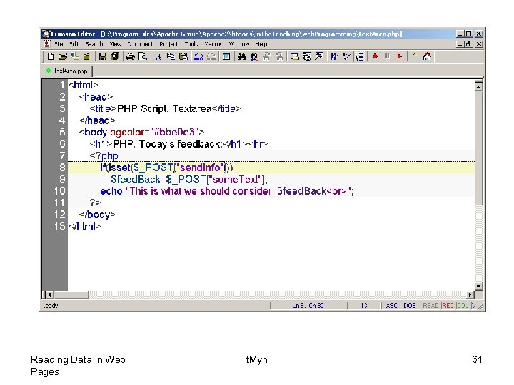 Reading Data in Web Pages t. Myn 61 