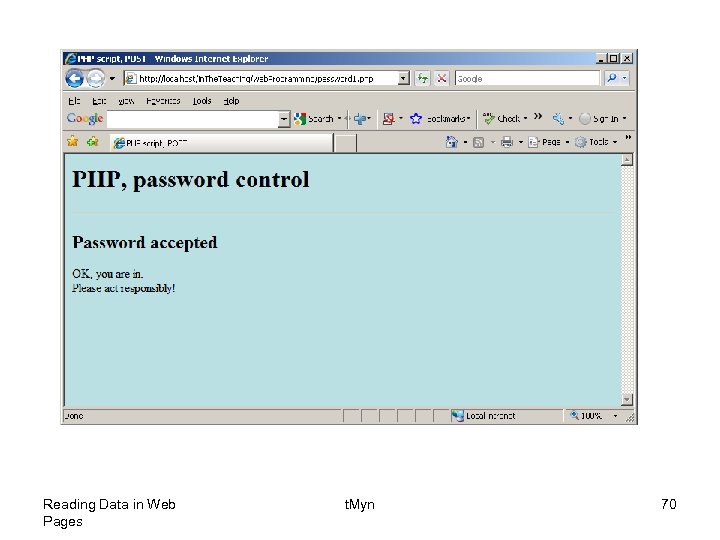 Reading Data in Web Pages t. Myn 70 