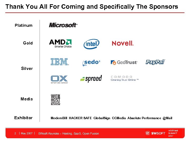 Thank You All For Coming and Specifically The Sponsors Platinum Gold Silver Media Exhibitor