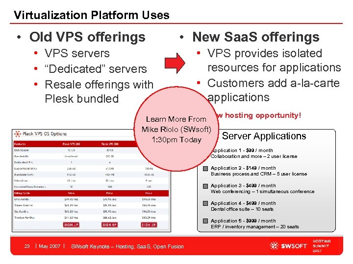 Virtualization Platform Uses • Old VPS offerings • New Saa. S offerings • VPS