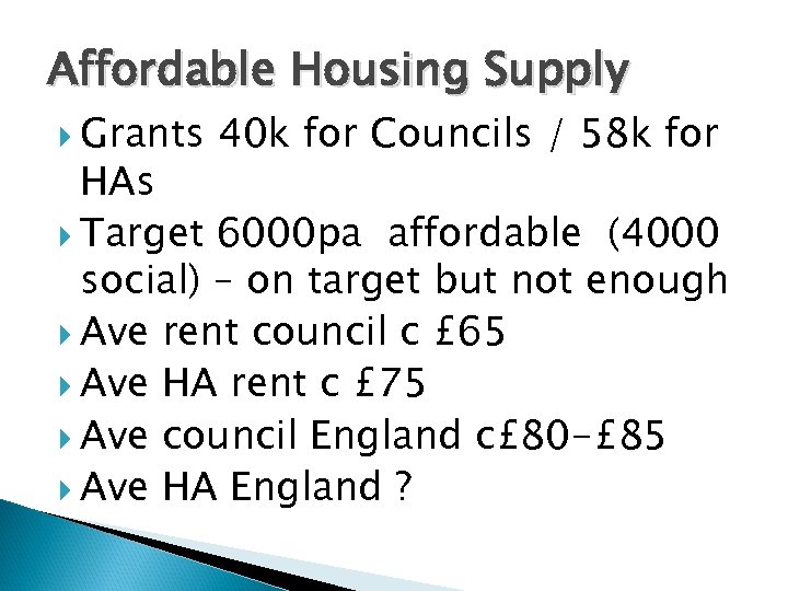 Affordable Housing Supply Grants 40 k for Councils / 58 k for HAs Target