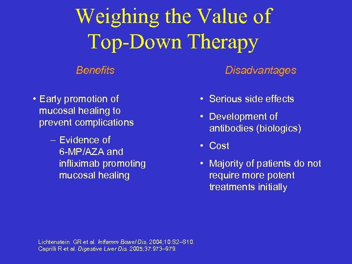 Weighing the Value of Top-Down Therapy Benefits • Early promotion of mucosal healing to