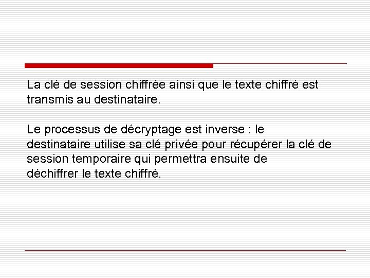 La clé de session chiffrée ainsi que le texte chiffré est transmis au destinataire.